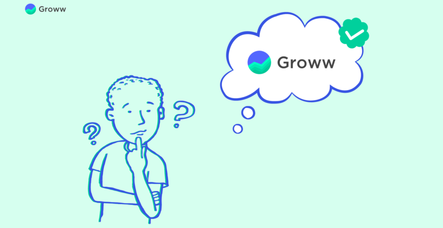 Confused person thinking about Groww investment app with verified checkmark in thought bubble.