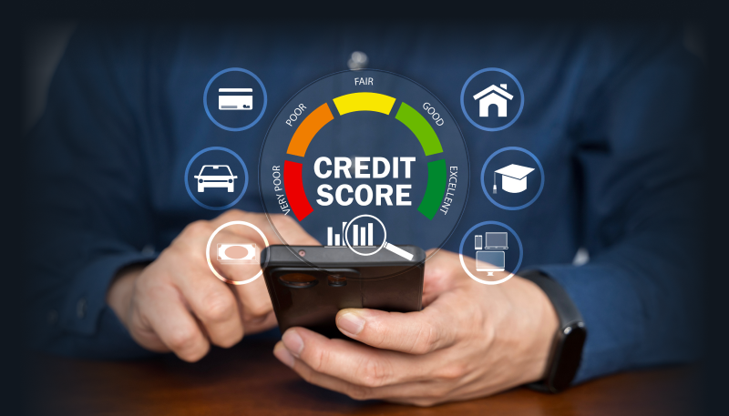 Person checking credit score on smartphone with financial icons and credit range gauge