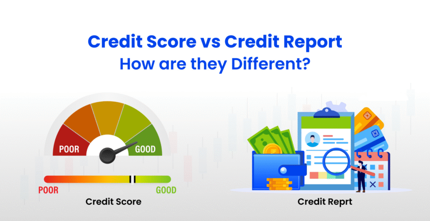 Credit score gauge and credit report illustration showing the difference between a credit score and a credit report.