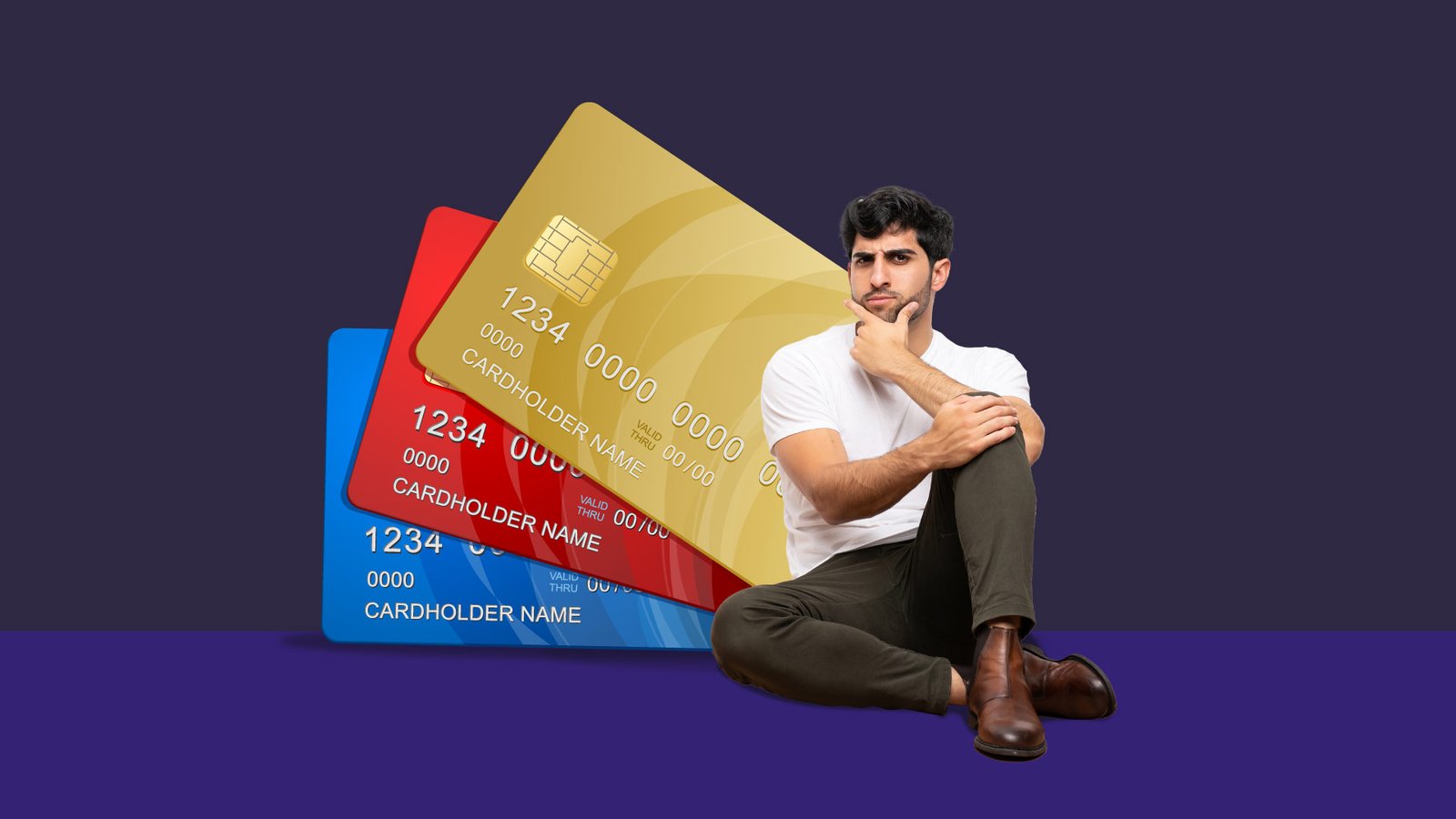 Confused man thinking about having multiple credit cards