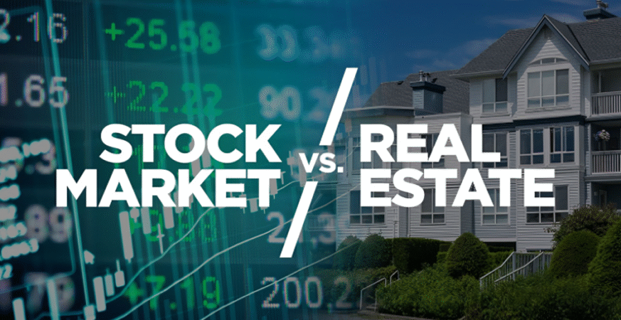 Visual comparison between stock market and real estate investment showing digital stock ticker and a modern residential building.