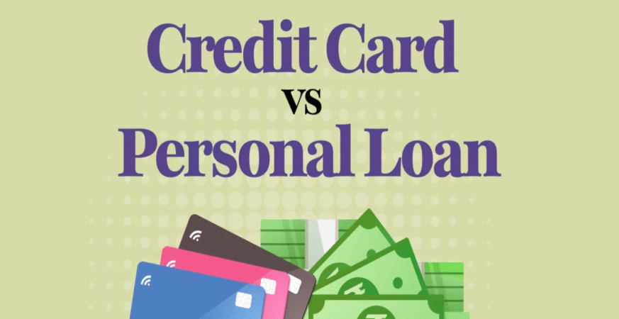 Illustration comparing credit cards and personal loans with visual of credit cards and currency notes.