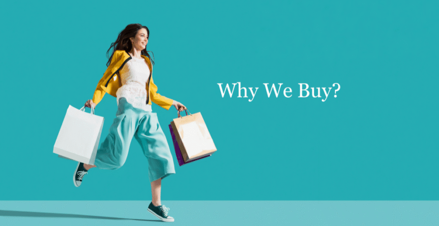 A young woman happily walking with shopping bags in both hands against a blue background with the text "Why We Buy?" beside her.