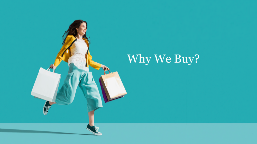 A young woman happily walking with shopping bags in both hands against a blue background with the text "Why We Buy?" beside her.