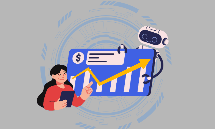 Illustration of a young woman analyzing a financial graph with the help of a robot assistant, symbolizing AI-powered personal finance tools.