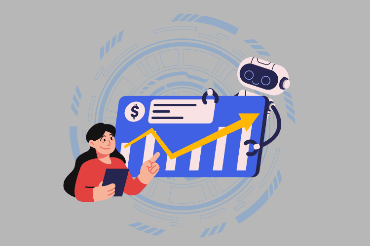 Illustration of a young woman analyzing a financial graph with the help of a robot assistant, symbolizing AI-powered personal finance tools.