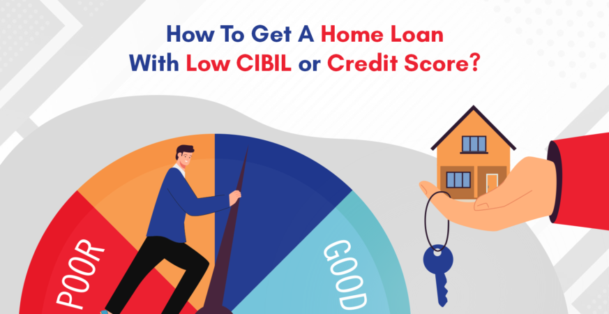 A person improving credit score meter from poor to good while a hand offers a house with keys