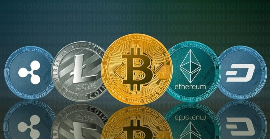 A lineup of popular cryptocurrencies including Ripple (XRP), Litecoin (LTC), Bitcoin (BTC), Ethereum (ETH), and Dash (DASH), displayed as shiny coins with a digital binary background.