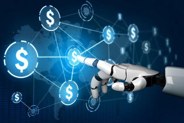 A robotic hand interacting with dollar icons on a digital screen representing AI in personal finance and financial technology.