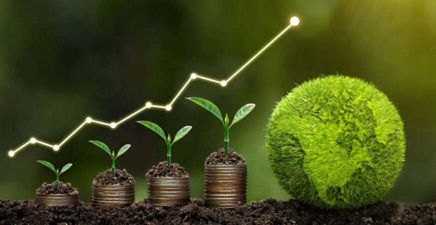 Stacks of coins with small plants growing on top, representing sustainable financial growth, with a green globe symbolizing eco-conscious investment.