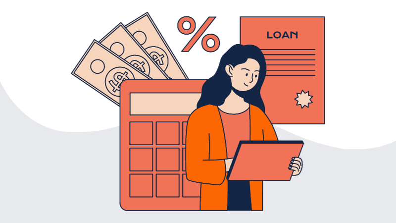 Illustration of a woman using a laptop to calculate personal loan details with a calculator, currency notes, and a loan document in the background