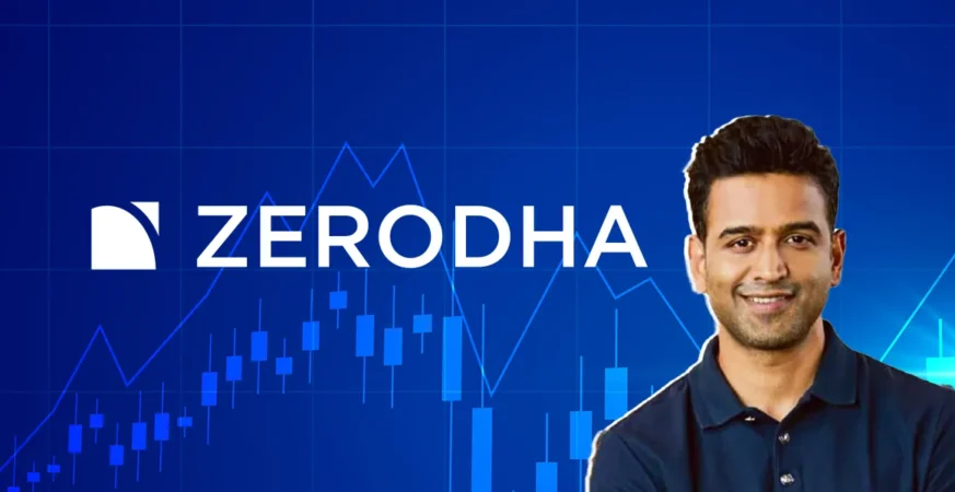 Zerodha logo with a smiling man in front of a blue stock market chart background