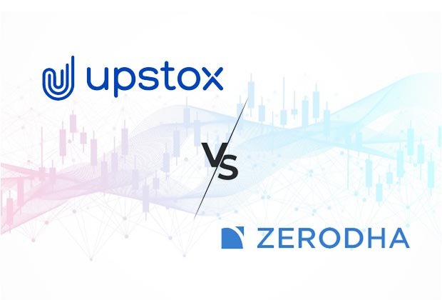 Upstox vs Zerodha – A comparison of two leading Indian stock trading platforms with candlestick chart in the background